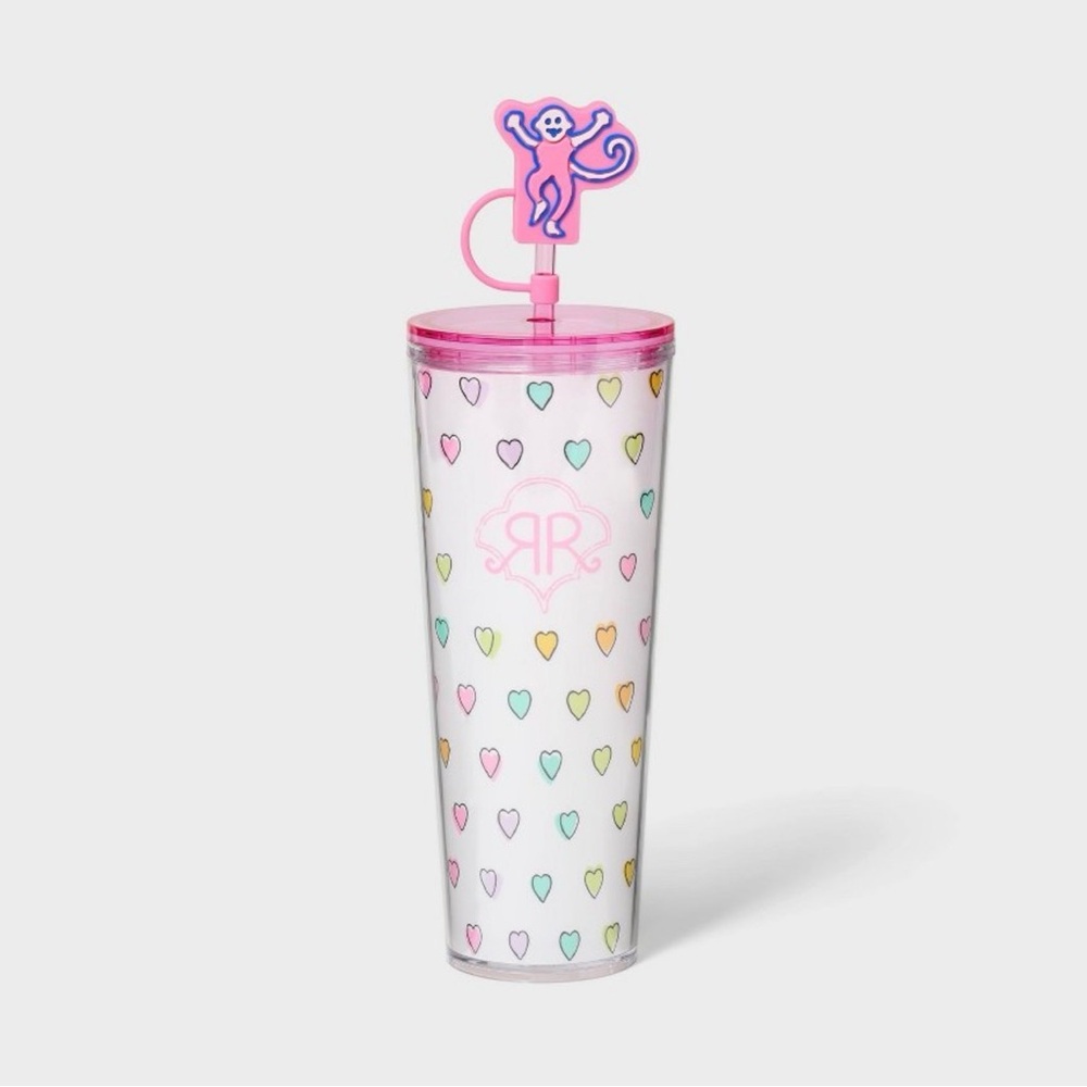 Roller Rabbit Pink Heart Pattern Tall Tumbler with Monkey Straw Topper